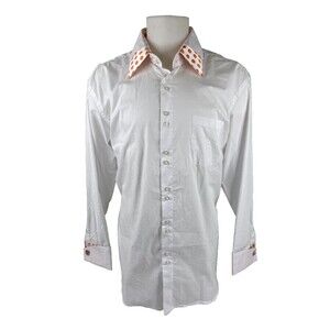 Daniel Ellissa Men Shirt 17 1/2 x 34/35 White Orange Polka Dot Flip Cuff Club